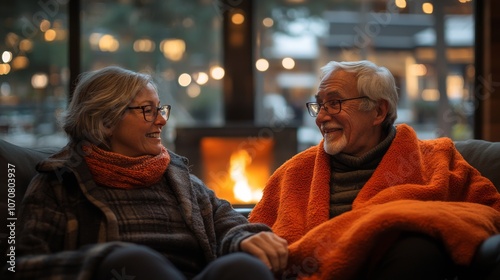 Wallpaper Mural A content older couple sits close together in a warm cabin, sharing smiles and laughter by a glowing fireplace, creating a cozy atmosphere. Torontodigital.ca