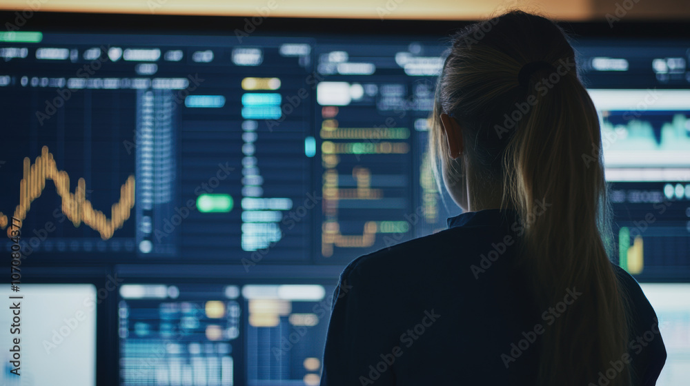woman analyzing data on large monitor, looking focused and determined woman analyzing data on large monitor, looking focused and determined