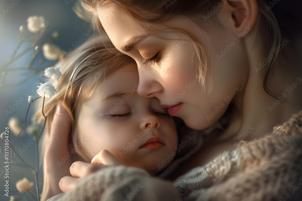 A serene moment of a young Caucasian mother cradling her sleeping daughter, surrounded by soft floral accents and gentle light. A serene moment of a young Caucasian mother cradling her sleeping daughter, surrounded by soft floral accents and gentle light.