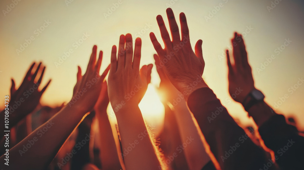 group of people raise their hands in air, celebrating success with sense of unity and joy group of people raise their hands in air, celebrating success with sense of unity and joy