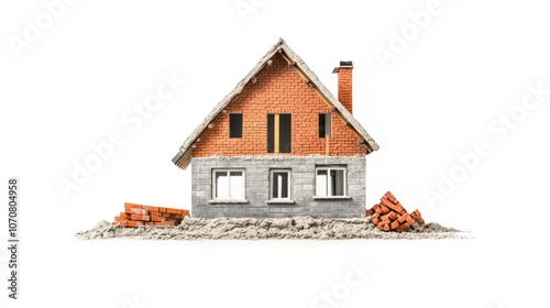 House construction bricklaying in process, with cement and bricks, isolated on a white background.