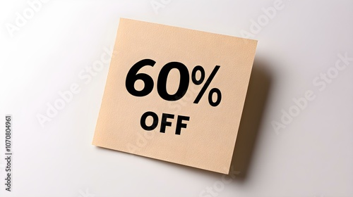 Black '60% OFF' Text on a Light Brown Square Paper Note. White Background with Copy Space