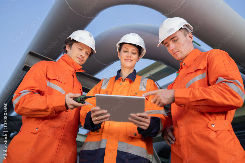 Group of petroleum engineers having a discussion at the site Group of petroleum engineers having a discussion at the site