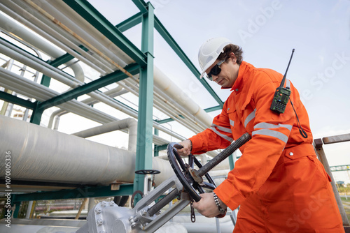 Engineer turning a hand wheel valve at the oil refinery site