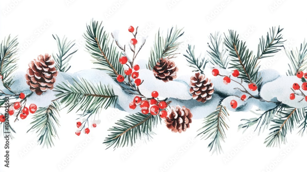 Isolated white background holiday border with snow-covered fir branches and red berries. Isolated white background holiday border with snow-covered fir branches and red berries.