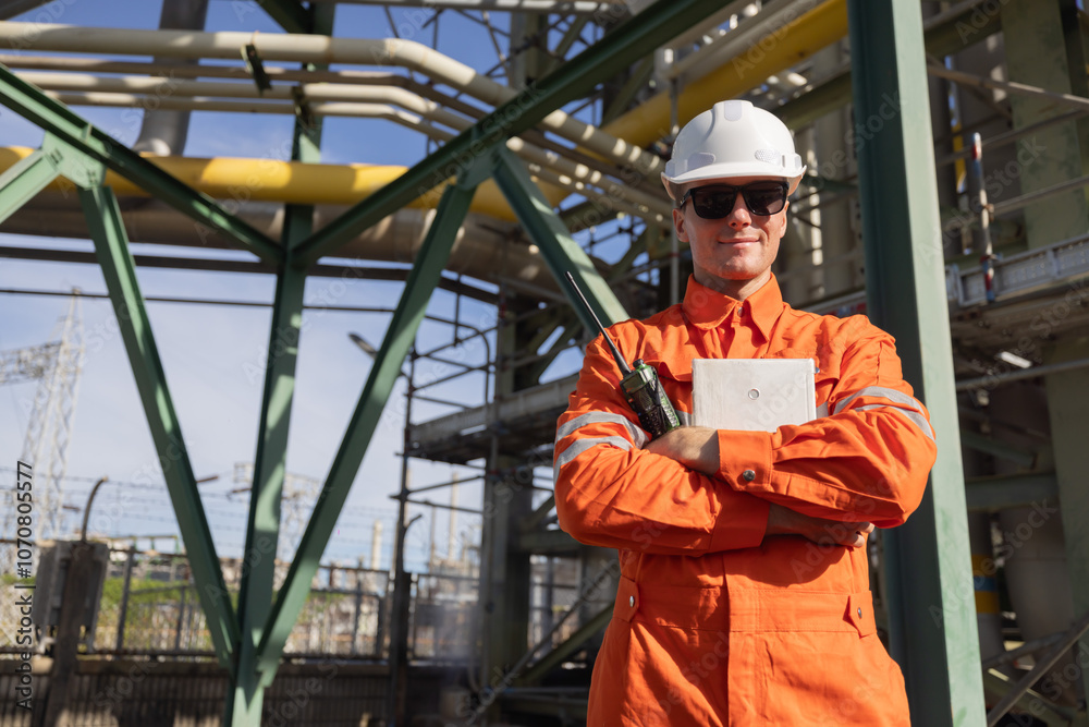 Engineer with cross arm pose at oil refinery site Engineer with cross arm pose at oil refinery site