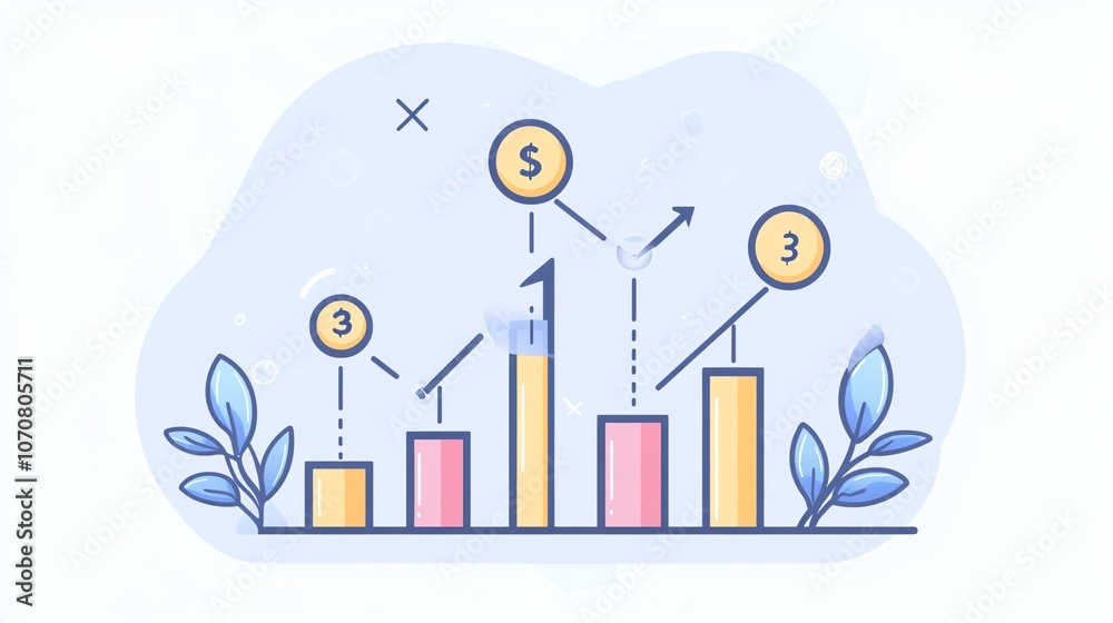 Obraz premium Colorful graph illustrating business growth with decorative elements on a light background.