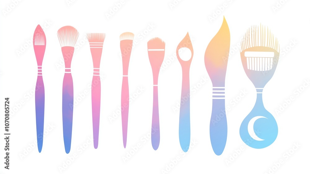 Colorful gradient paintbrushes in various shapes, white isolated background.