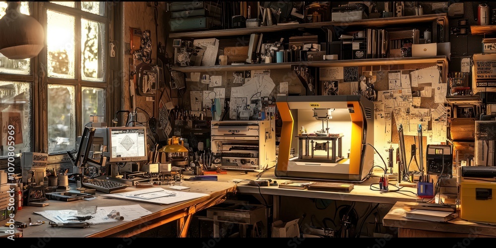 A cluttered workspace with a 3D printer, computer, and blueprints A cluttered workspace with a 3D printer, computer, and blueprints
