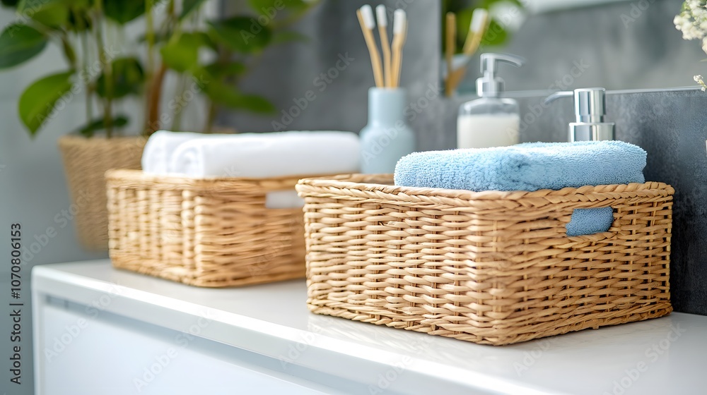 Two Wicker Baskets Containing Towels in a Bathroom Two Wicker Baskets Containing Towels in a Bathroom
