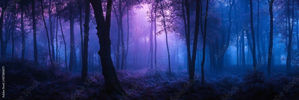Obraz premium A mystical forest at midnight, bathed in soft purple and blue hues, with ethereal fog swirling between the trees. This enchanting image evokes feelings of mystery, magic, and the tranquility of nature