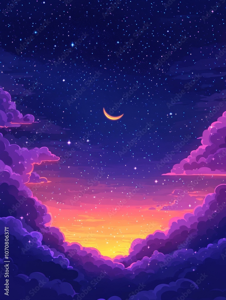 Fototapeta premium A captivating cartoon illustration of a night sky adorned with a crescent moon and a myriad of twinkling stars, all framed by wispy purple clouds.