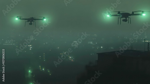 Two drones fly over a foggy city at night, glowing green lights in the distance.