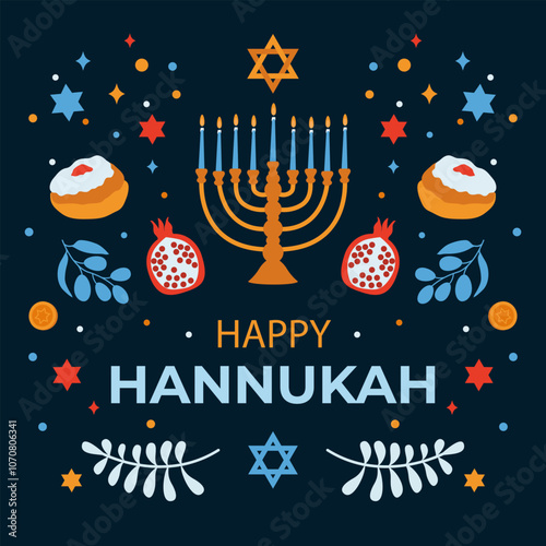 Vector illustration of  "Happy Hanukkah" banner with holiday attributes. Vector in a flat style