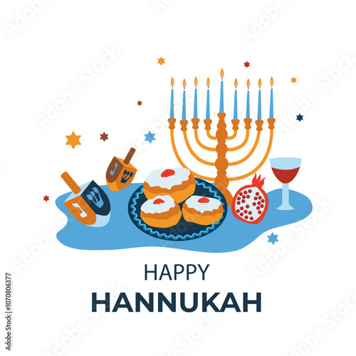 Vector illustration of  "Happy Hanukkah" banner with holiday attributes. Vector in a flat style