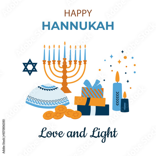 Vector illustration of  "Happy Hanukkah" banner with holiday attributes. Vector in a flat style