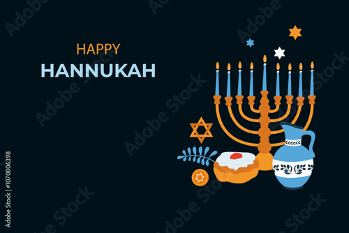 Vector illustration of  "Happy Hanukkah" banner with holiday attributes. Vector in a flat style