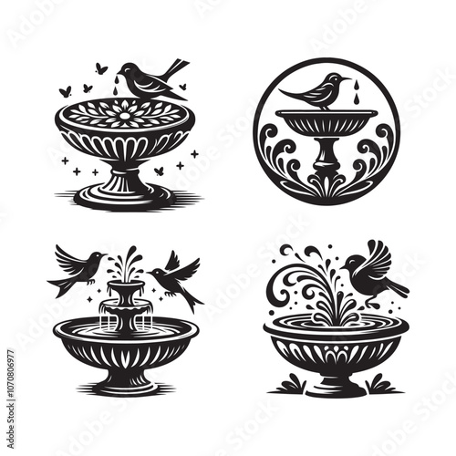 Vector Birdbath Silhouette Set, Birdbath Silhouettes, Black and White Birdbath Vector Silhouettes