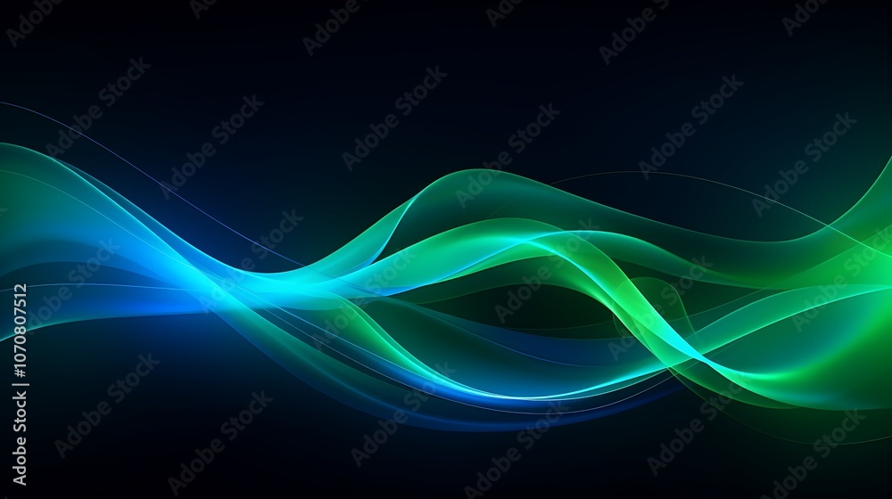 Abstract blue and green light waves on a dark background, symbolizing digital communication. Abstract blue and green light waves on a dark background, symbolizing digital communication.