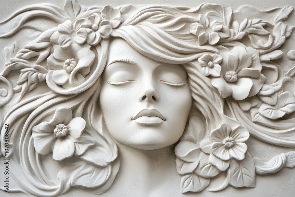 A white bas-relief sculpture depicting a woman's face surrounded by delicate floral designs, symbolizing beauty, peace, tranquility, nature, and femininity. A white bas-relief sculpture depicting a woman's face surrounded by delicate floral designs, symbolizing beauty, peace, tranquility, nature, and femininity.