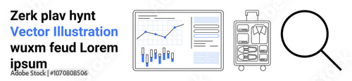 Computer screen with data charts and graphs, travel suitcase with clothes, magnifying glass. Ideal for business, travel planning, analytics, data visualization, research, investigation