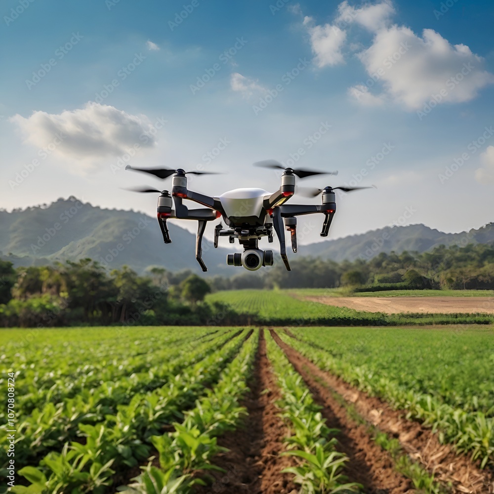 Drone flying above the green plant field on a sunny day. Concept of smart farm agriculture. Drone flying above the green plant field on a sunny day. Concept of smart farm agriculture.