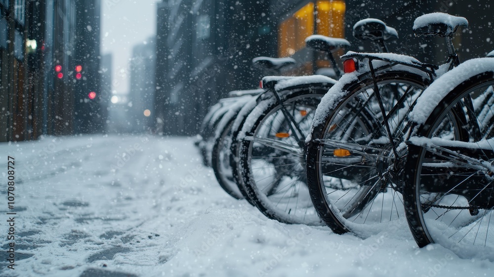 Snowflakes Gently Cover Parked Bicycles in Winter Scene
