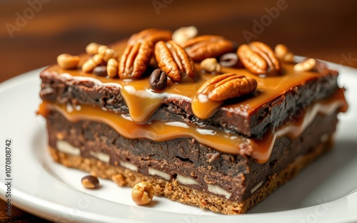 A decadent brownie topped with caramel and pecans, perfect for a sweet treat photo