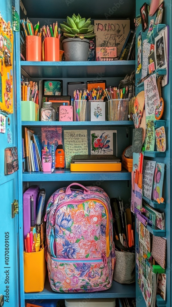 Naklejka premium A Colorful and Organized Locker Filled with Art Supplies and a Floral Backpack