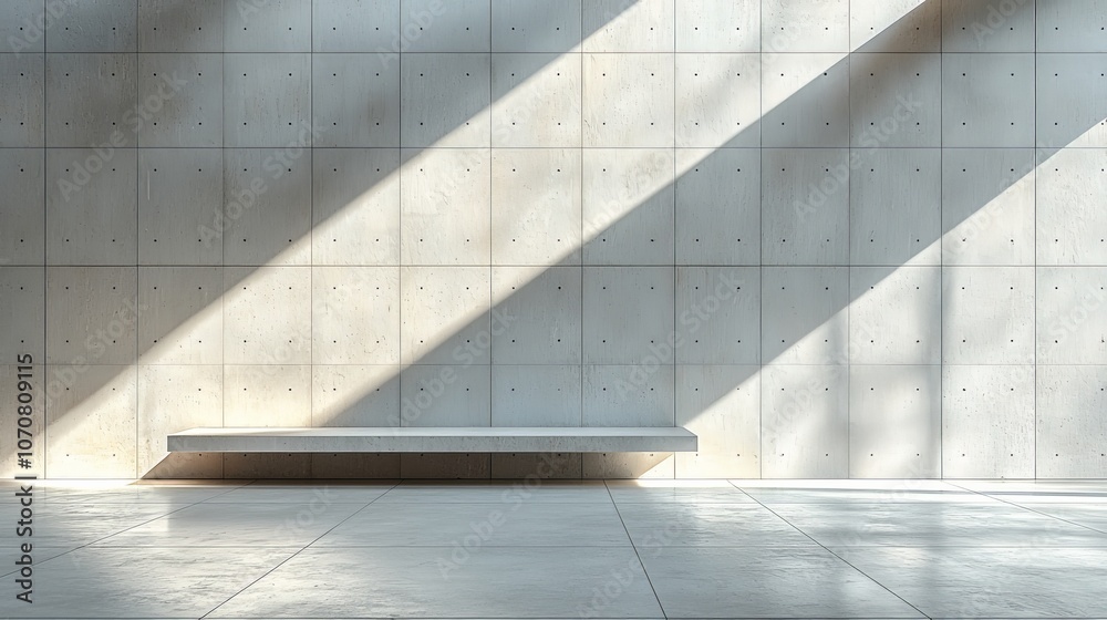 A minimalist interior featuring a concrete wall and a simple bench with dramatic lighting. A minimalist interior featuring a concrete wall and a simple bench with dramatic lighting.