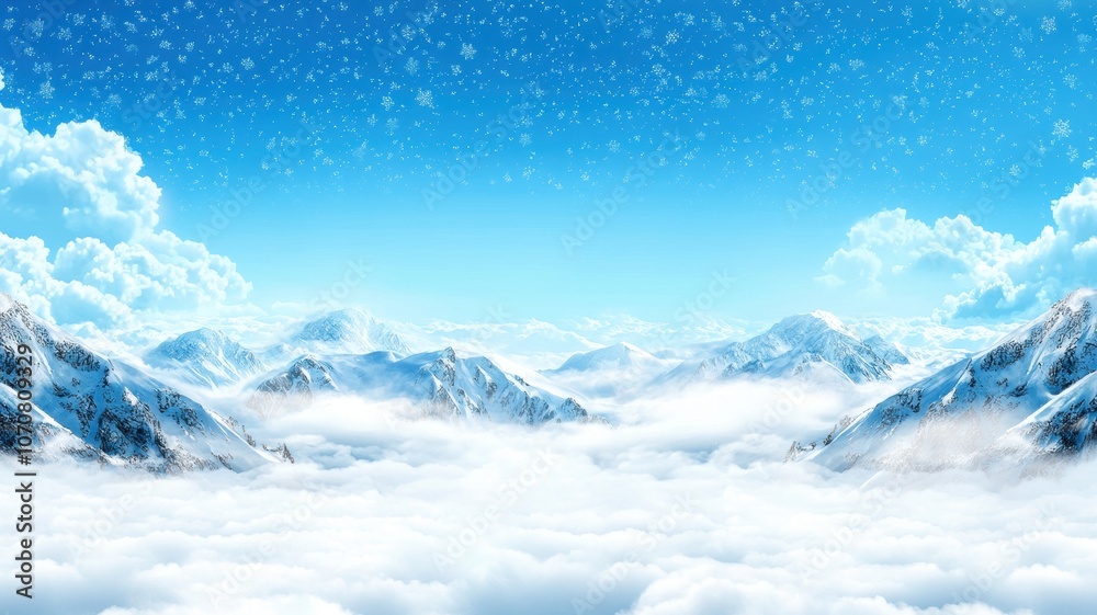 Snowflakes Falling Over Misty Mountain Range Snowflakes Falling Over Misty Mountain Range