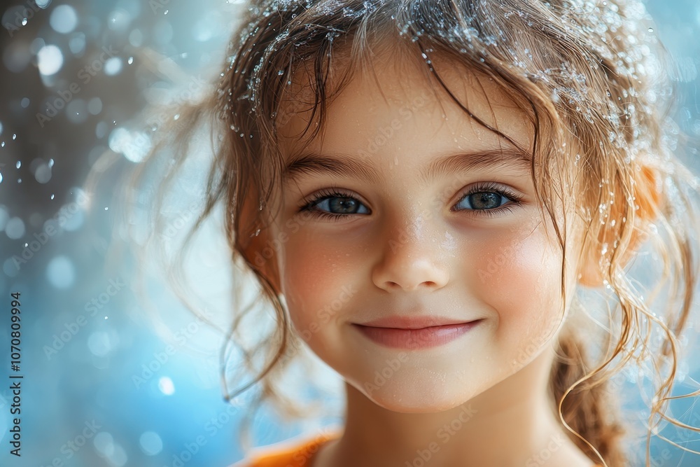 A cheerful girl smiles warmly while snowflakes gently fall around her on a winter day A cheerful girl smiles warmly while snowflakes gently fall around her on a winter day
