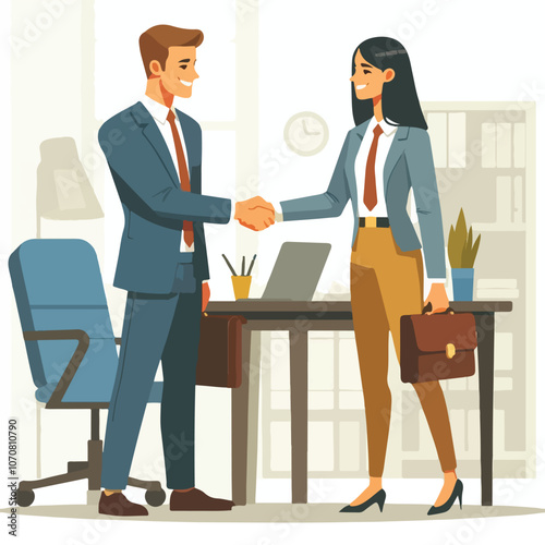 People shaking hands at work - Two businesspeople, man and woman doing handshake in office at work while smiling over business agreement and deal. Flat design stock illustration on white background