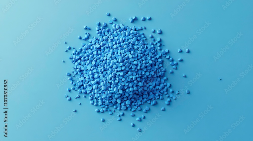 Top view of a blue polypropylene granule heap on a blue backdrop, a masterbatch polymer grain pile. Illustration of a 3d rendered polymer grain pile. Top view of a blue polypropylene granule heap on a blue backdrop, a masterbatch polymer grain pile. Illustration of a 3d rendered polymer grain pile.