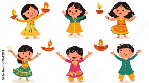 Happy Diwali Children Celebrating Festival of Lights Cute Kids with Diyas