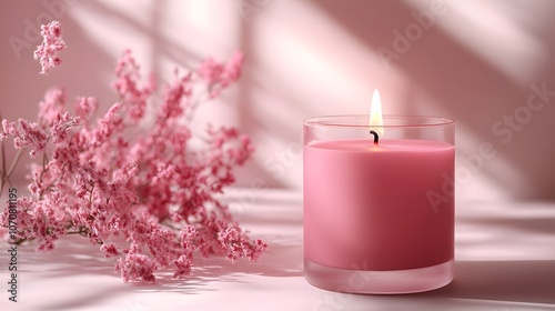 Pink Scented Candle with Delicate Flowers and Light. Copy space concept.