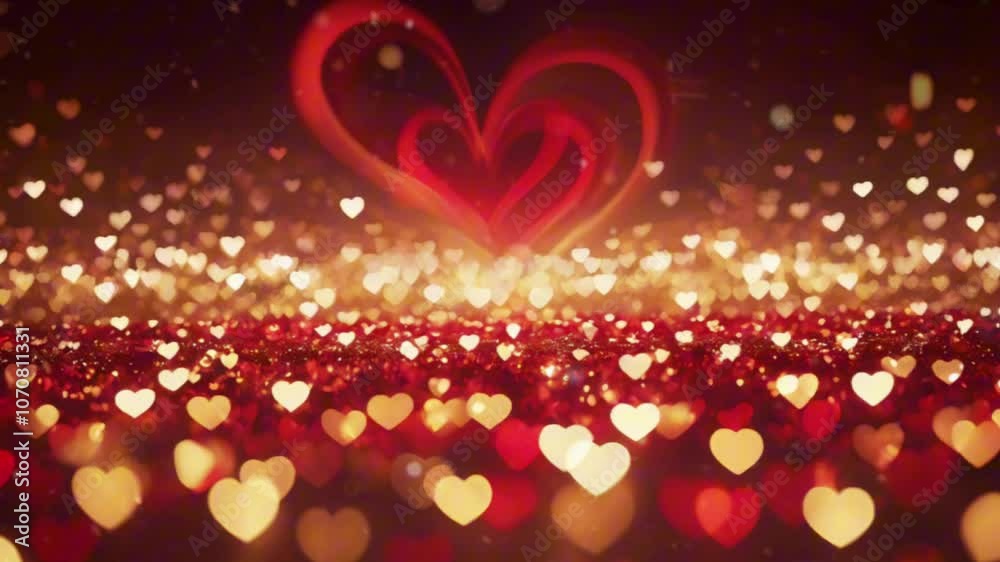 Blurred red and gold bokeh lights shaped like hearts create a festive and romantic background, perfect for Valentine's Day designs.