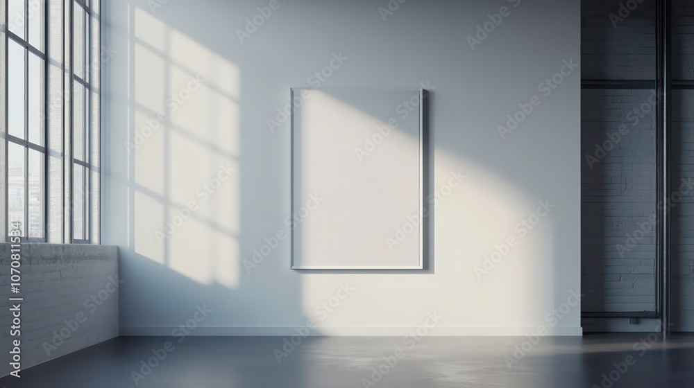 A minimalist gallery space with natural light and an empty frame on the wall. A minimalist gallery space with natural light and an empty frame on the wall.