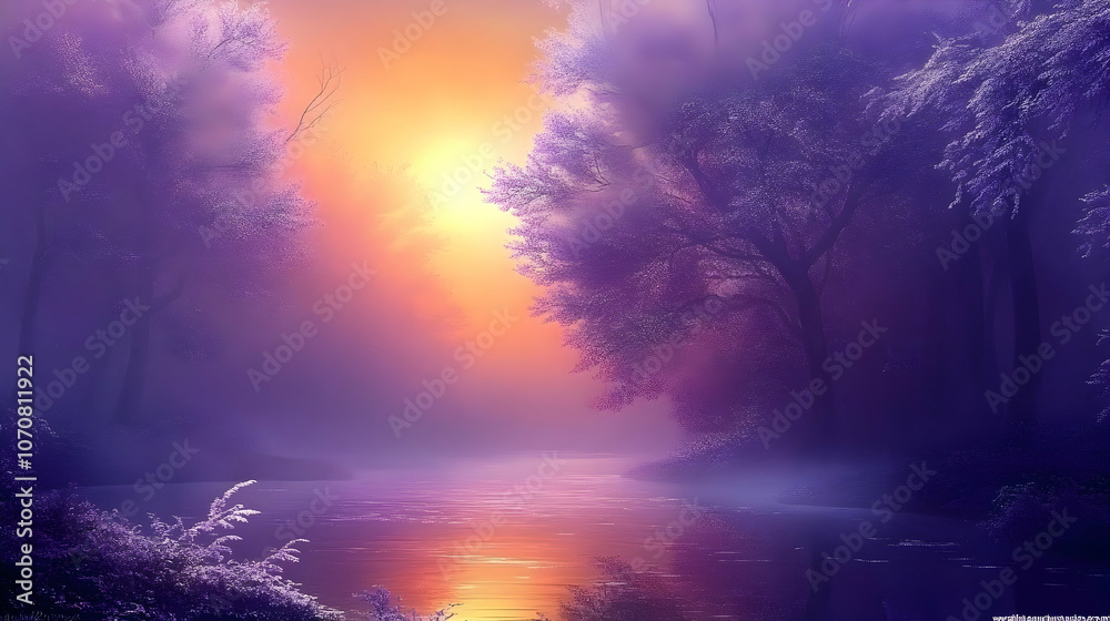 A magical sunrise over a misty forest lake with purple hues and golden light.