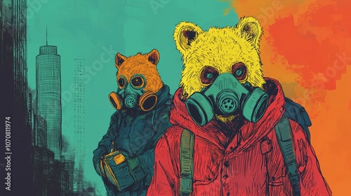 Two mysterious figures in gas masks stand against a vibrant urban background