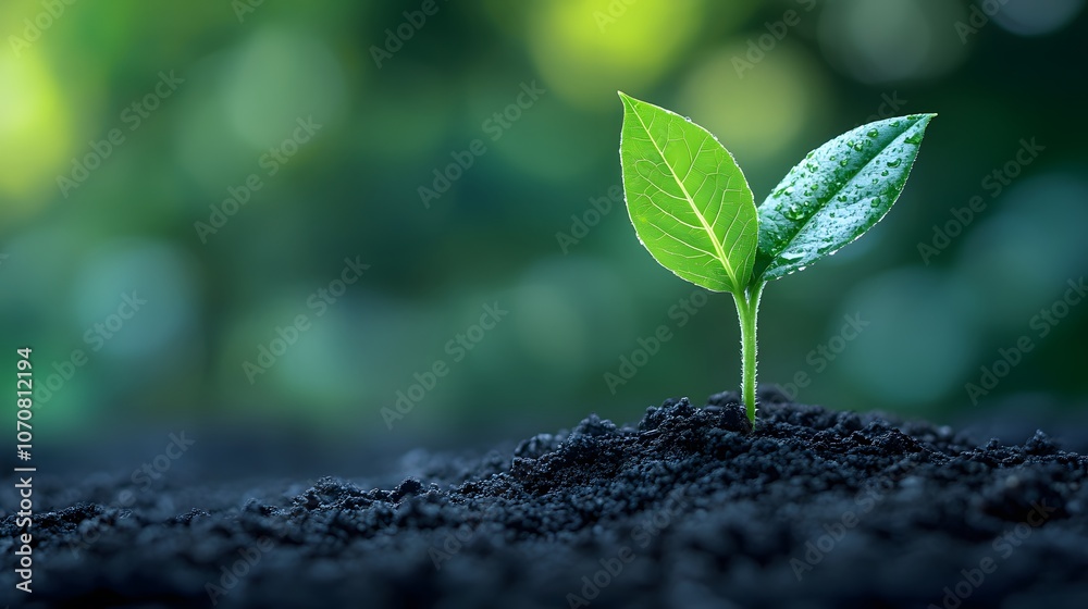 A Single Green Sprout Emerging from Dark Soil. Eco concept.