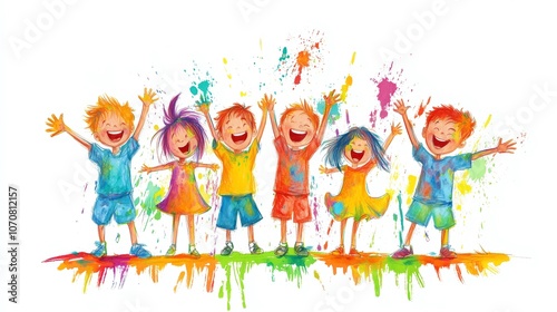 Joyful Kids Holi Festival Colorful Celebration Painting Illustration