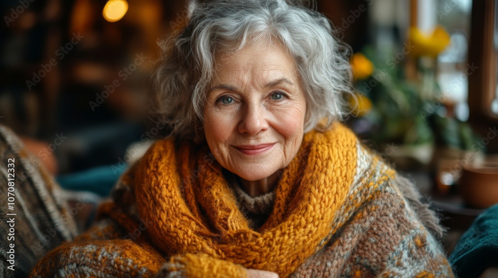 An elderly woman with curly gray hair smiles warmly while wrapped in a vibrant knitted sweater, sitting in a cozy indoor setting filled with plants and soft lighting. An elderly woman with curly gray hair smiles warmly while wrapped in a vibrant knitted sweater, sitting in a cozy indoor setting filled with plants and soft lighting.