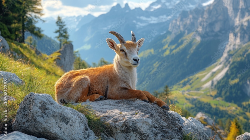 A young mountain goat rests on a rocky ledge with majestic mountain peaks in the background. A young mountain goat rests on a rocky ledge with majestic mountain peaks in the background.