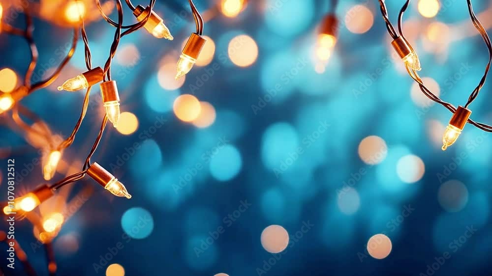 Twinkling fairy lights with a bokeh effect on a blue background. Festive and magical atmosphere.