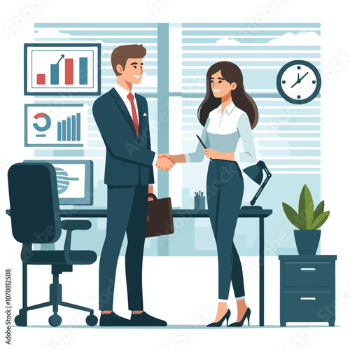 People shaking hands at work - Two businesspeople, man and woman doing handshake in office at work while smiling over business agreement and deal. Flat design stock illustration on white background