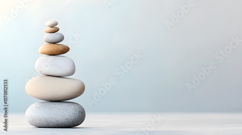 Stack of Smooth, Rounded Stones Against a Light Blue Background. Spa relaxation. Copy space concept.