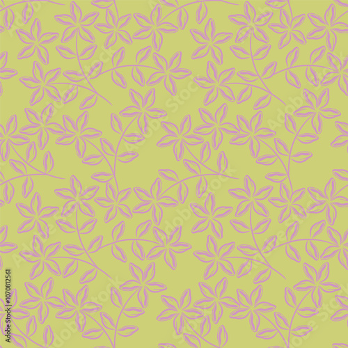 Flower garden wallpaper design vector prepared for textile printing. Seamless floral pattern with abstract hand drawn flower and leaf background elements in purple