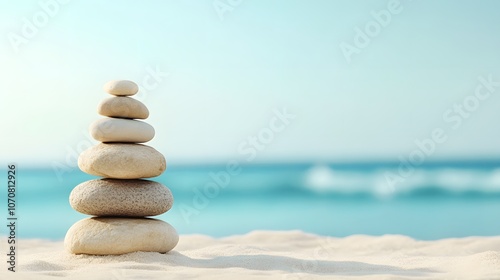 Stacked Stones on Sandy Beach with Blue Ocean Background. Spa relaxation. Copy space concept.