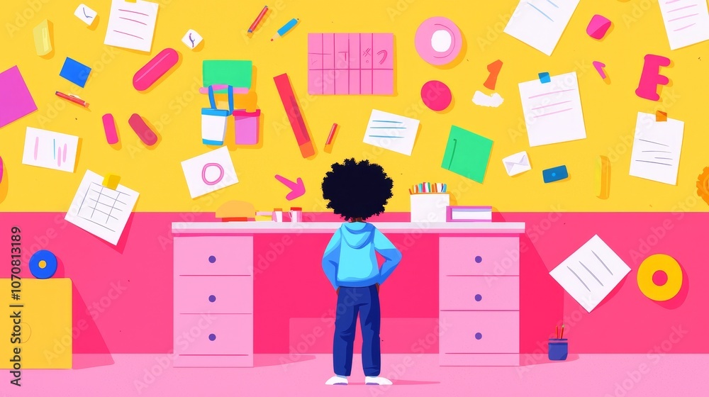 Child engages with colorful study space filled with creative supplies and visual inspiration Child engages with colorful study space filled with creative supplies and visual inspiration